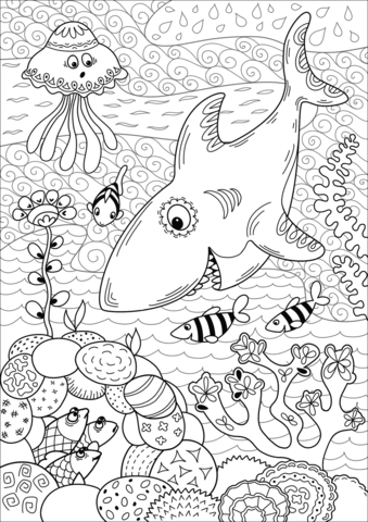 Shark Hunting In Coral Reef Coloring Page